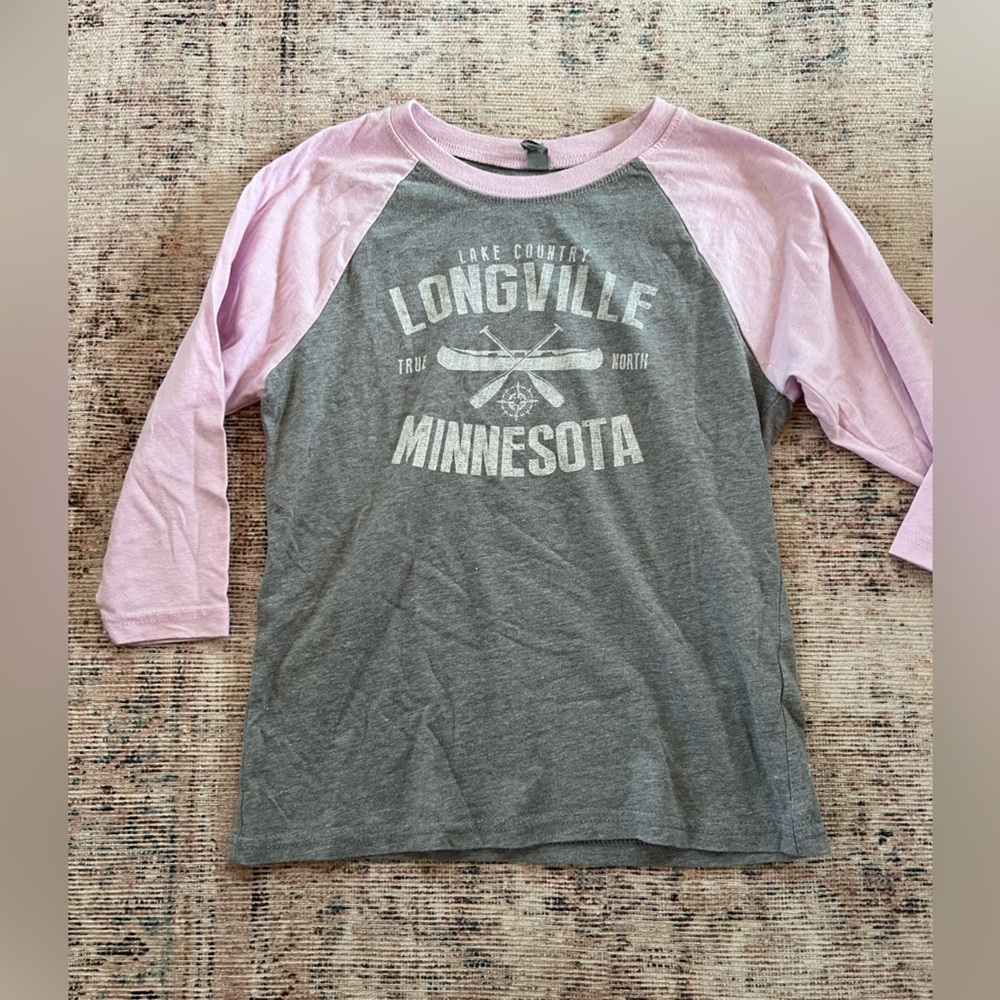 Longville Minnesota Bella Canvas Kids Long Sleeve Tee in Light Pink and Gray